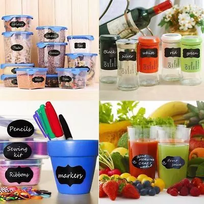 56 Blackboard Chalk Board Chalkboard Reusable Stickers Glass Jar Labels + 3 Pens • £3.25