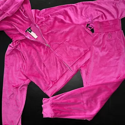 NWT Victoria's Secret SET M FULL ZIP HOODIE+JOGGERS Hot Pink VELOUR Bali Orchid • $119.99