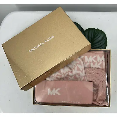 Michael Kors Powder Blush Dusty Pink White MK Monogram Knit Gloves Scarf Hat Set • $120