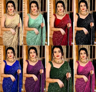 £27.99 • Buy Bollywood Sequence Designer Silk Saree Indian Wedding Sequin Party Wear Red Sari