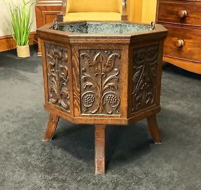 Large Beautiful Art-nouveau English Oak Carved Jardiniere Plant Stand Log Basket • £595