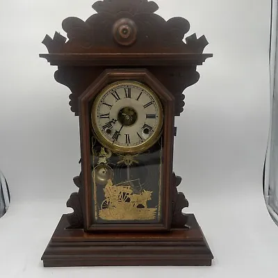 Vintage Antique Grandmothers Wood Mantel Shelf Clock Welch Smuggler Eight Day  • $150