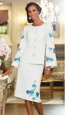 18W PLUS Midnight Velvet Ivory Formal Church Embroidered Bell Sleeve Skirt Suit • $39.99