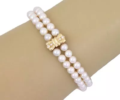 Mikimoto Diamond Pearls 18k Yellow Gold Bow Motif 2 Strand Bracelet • $2600