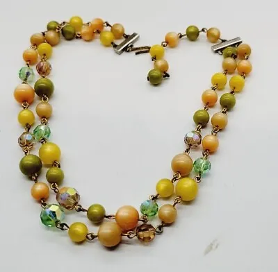 Vintage Orange Green &  Yellow Layered Multi Strand 2 Row Necklace 16 In • $16.19