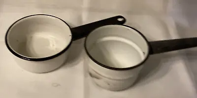 Vintage Enamelware White W/ Black Trim Sauce Pan Pot Set Of 2  • $13