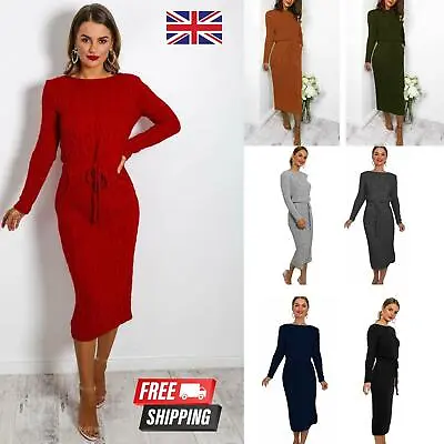 £19.99 • Buy New Women Ladies Cable Knitted Pocket Tie Up Midi Party Jumper Casual Dress Top