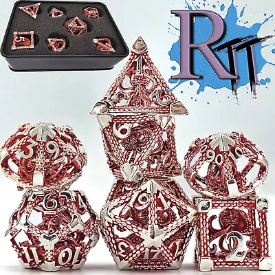 Silver Red Hollow Metal Dice Set Cthulhu DND Polyhedral Dungeons And Dragons RPG • $29.98