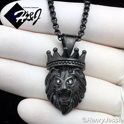 18-36 MEN Stainless Steel 3mm Black Plated Box Link Necklace CZ Lion Pendant*145 • $21.99