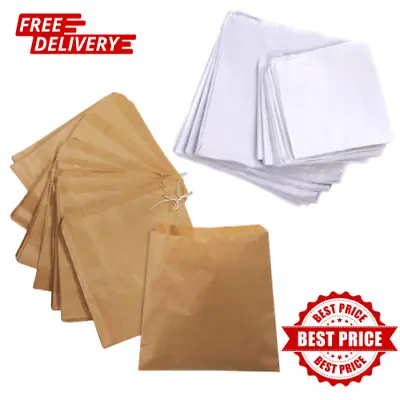 White & Brown Strung Kraft Paper Takeaway Food Bags Fruit Shop Counter Bags • £3.29