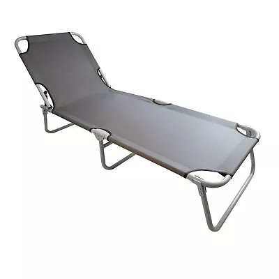 Grey Sun Lounger Flat Bed Garden Camping  Reclining Steel Frame Adjustable Seat • £24.99