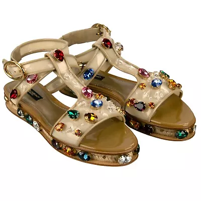 DOLCE & GABBANA Crystal Raffia Plateau Sandals Shoes Beige Gold 36.5 6.5 13708 • $469.60