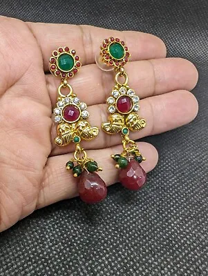 Glamorous Indian Wedding Style Gold Plated Red & Green Gemstone Earrings .P198  • $18