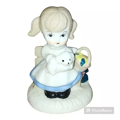 Vintage Girl With Pigtails Figurine Home Decor White / Blue Trim Dress Dog • $15