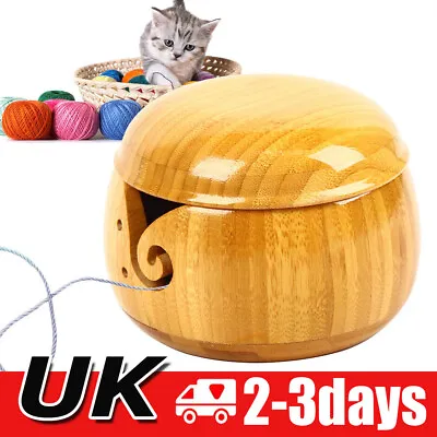 Large Bamboo Yarn Bowl Storage Knitting Bowl Wool Holder With Removable Lid Hole • £15.89