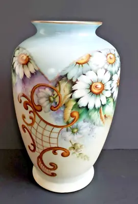 Vintage Hand Painted Porcelain Vase Daisies Flowers 9.5  Tall Signed Esta Smith • $28.95