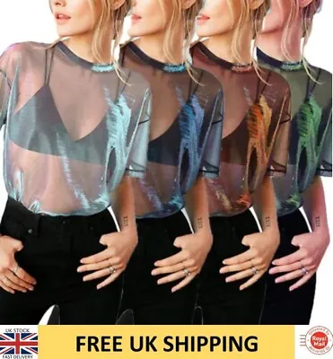 £7.95 • Buy Women's Mesh T Shirt Sheer Iridescent  Summer Vest Party Festival Colourful Top