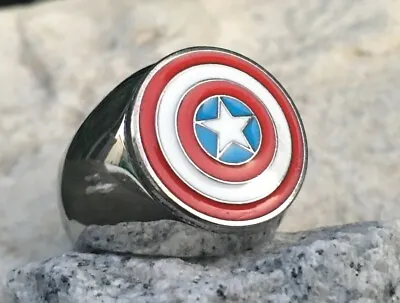 Captain America Ring Shield Steel Silver Signet Bague Movie Pin [ D173 Steel ]  • £47.25