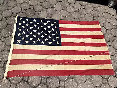 Vintage 50 Linen Star 3x5 Foot Premier  Cotton  US American Flag • $14.99