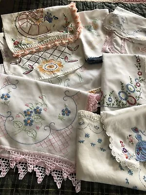 Lot Of 10 Vintage Embroidered Dresser Scarves And Doilies Farmhouse Shabby • $9.99
