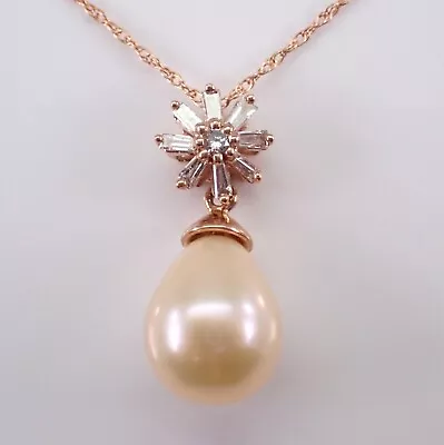 Rose Gold Pearl And Diamond Gemstone Pendant Necklace Starburst Sun Charm Drop • $499