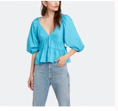 $83.99 • Buy Staud Blouse L Lucy Blouson Blue V Neck Babydoll Shirt Tiered Puff Sleeve NEW