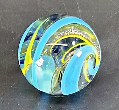 Art Glass Contemporary Handmade Marble 1.19  Clear Blue Yellow Gold Lutz Swirl • $24.95