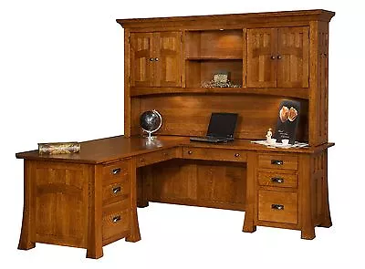 Amish Arts & Crafts Mission Corner L Computer Desk Hutch Solid Wood Bridgefort  • $9950