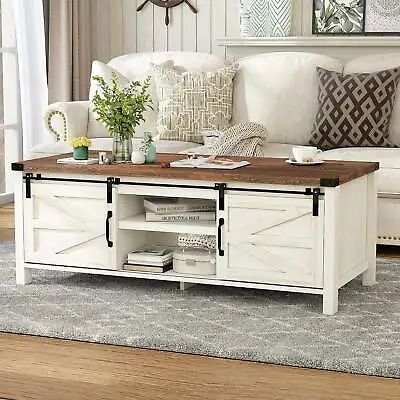 48 Farmhouse Coffee Table With Adjustable Storage  Shelves And Sliding Barn Door • $169.99