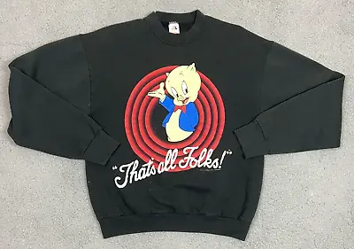 Vintage 90s Looney Tunes Sweatshirt Mens Large Porky Pig Fruit Of The Loom Black • $52.99