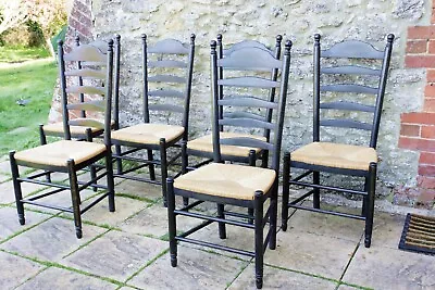 6 Rustic French Ebonised Solid Oak  Ladder Back Rush Seat Farmhouse Chairs • £25