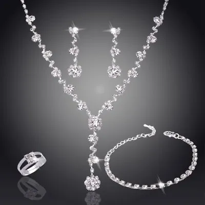 £6.65 • Buy Charm Crystal Necklace Earrings Bracelet Ring Wedding Bridal Women Jewelry Set