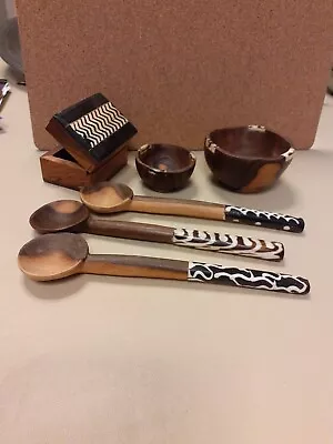 £9.99 • Buy African Wood & Bone Spoons & Bowls & Box