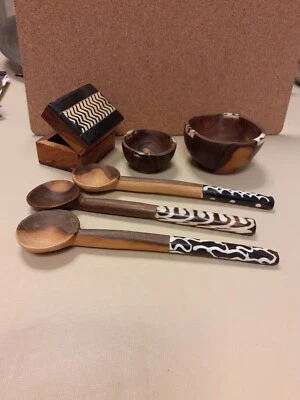 £9.99 • Buy African Wood & Bone Spoons & Bowls & Box