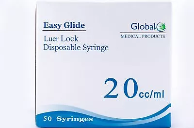 Global Medical Easy Glide 20cc/ml Luer Lock Syringe - 50 Per Box (2 Boxes) • $36.99