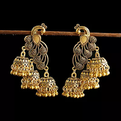 Retro Golden Peacock Bell Jhumka Indian Bollywood Ethnic Dangle Earrings Jewelry • $7.69