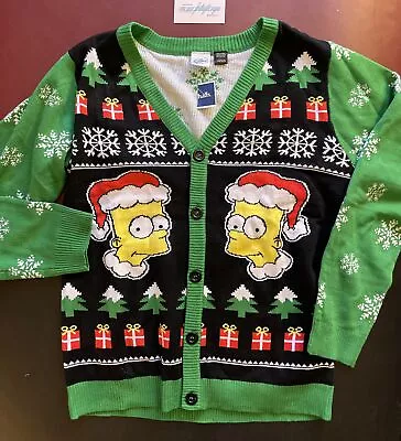 Bart Simpson Santa Ugly Christmas Sweater Men Large Cardigan Green Red Knit • $25.49