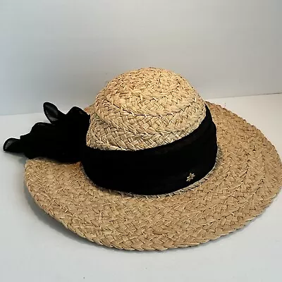 Cappelli Straworld Inc Hat 100% Straw Wide Brim Black Bow Flower Button Beach • $12.84