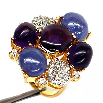 Unheated Purple Amethyst Blue Tanzanite & White Heated Zircon Ring 925 Silver • £477.46