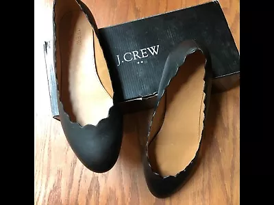 J. CREW Factory Black Leather Size 10 Scalloped Ballet Flats With Original Box • $20