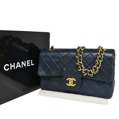 CHANEL CC Matelasse 23 Double Flap Chain Shoulder Bag Leather Blue GHW 359RJ323 • $3080