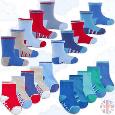 Baby Boys Blue Heel Toe Cotton Socks Anti Non Slip Grippers 10 Pair Multipack UK • $7.45