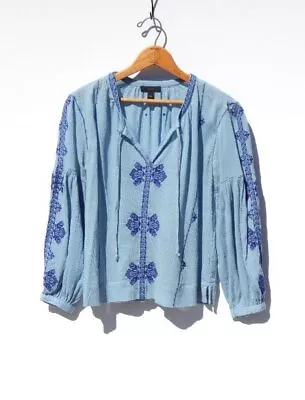 J. CREW ~ Blue Cotton Gauze Embroidered Hippie Boho Top Peasant Blouse ~ 00P • $26