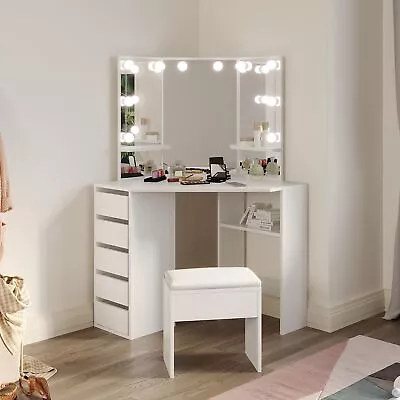 Corner Mirror Dressing Table With LED Lights White Makeup Desk 5 Drawers & Stool • £124.99