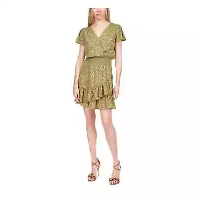 MICHAEL KORS Women's Green Metallic Short Sleeve Surplice Neckline Dress Size M • $38.75