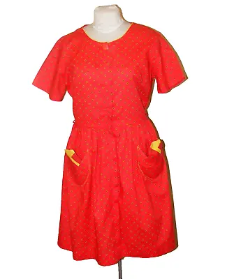 50s Day Dress Red Cotton B Altman Co Zippered Front  Handkercheif Pockets M • $39.99