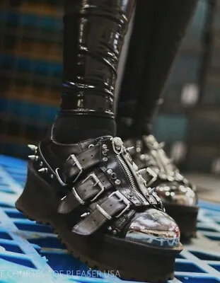 Black Metal Toe Cap Platform Punk Cyber Goth Sneakers Mens Futuristic Shoes • $108.95