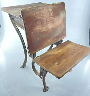 Vintage Antique School Desk With Folding Seat Cast Iron Wood A. S. Co. 5 ASCo5 • $92.44