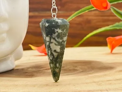 Moss Agate Crystal Pendulum With Silver Plated Chain Moss Agate Point Pendulum • $9.89