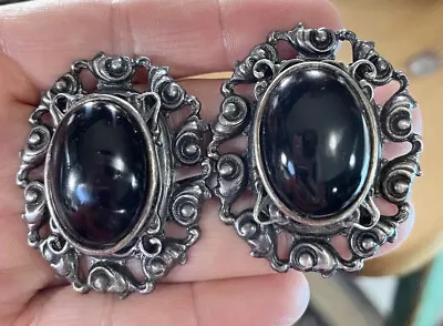 Big Vintage Marjorie Baer Runway Clip Onyx Silver Baroque Clip Earrings • $20